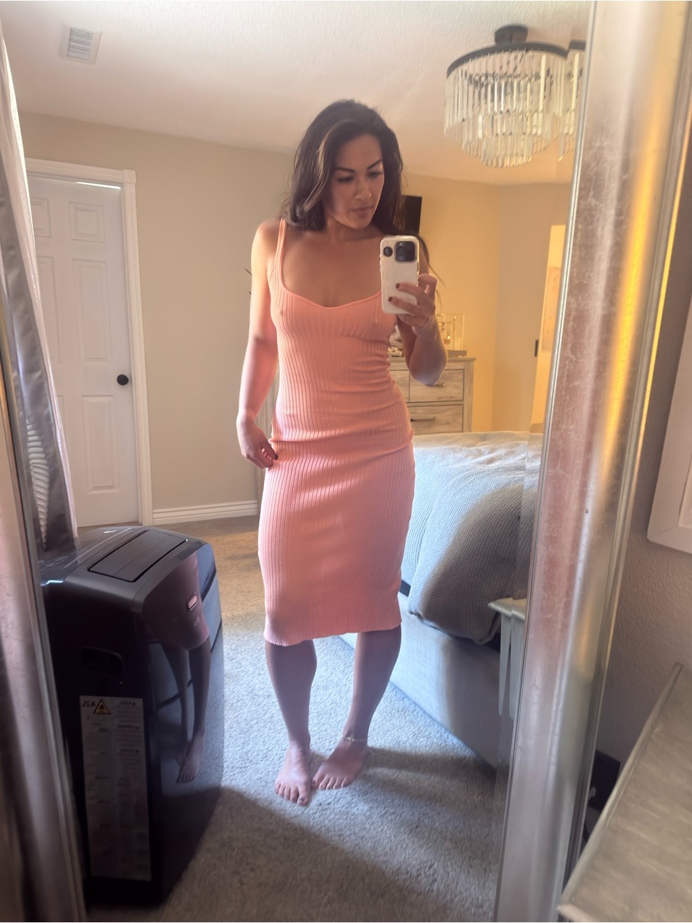 Peach / Coral Stevenson Ribbed Knit Midi Dress